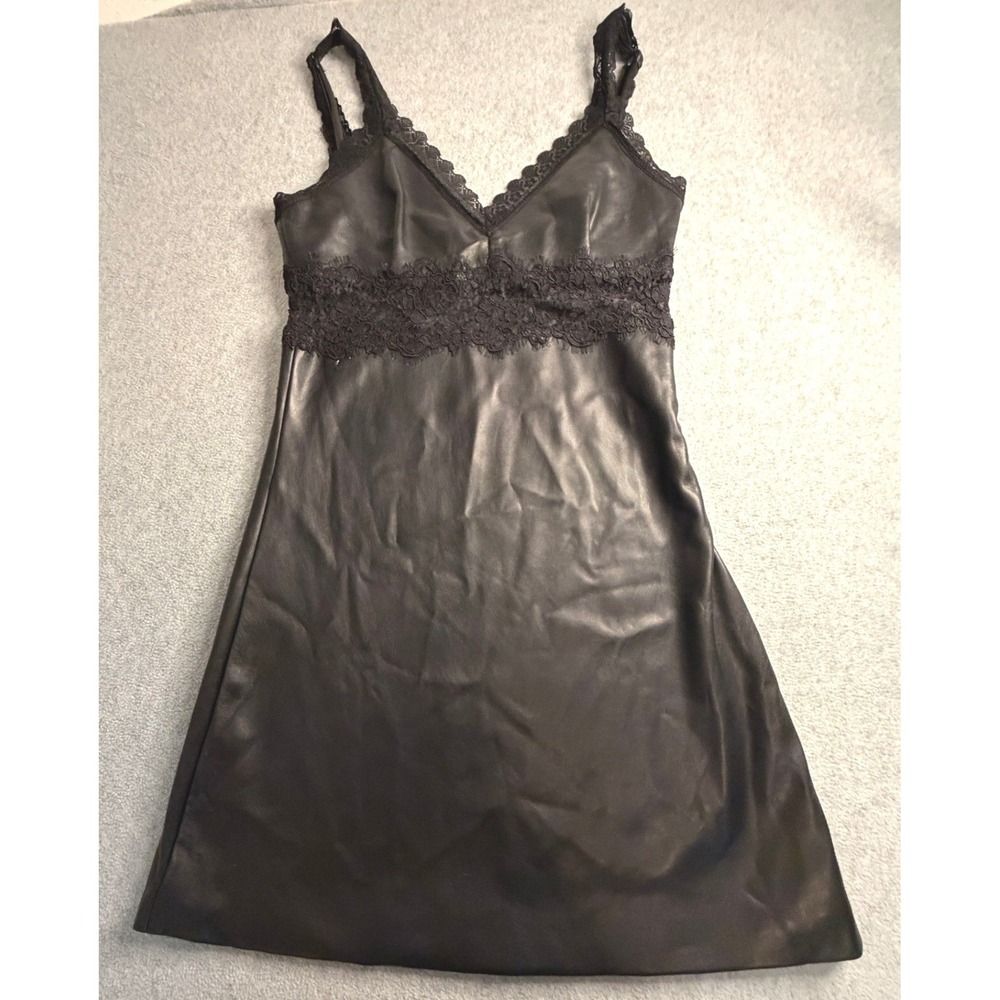 AQUA Black Faux Leather Lace Trim Mini Slip Dress XS Y2K Babydoll